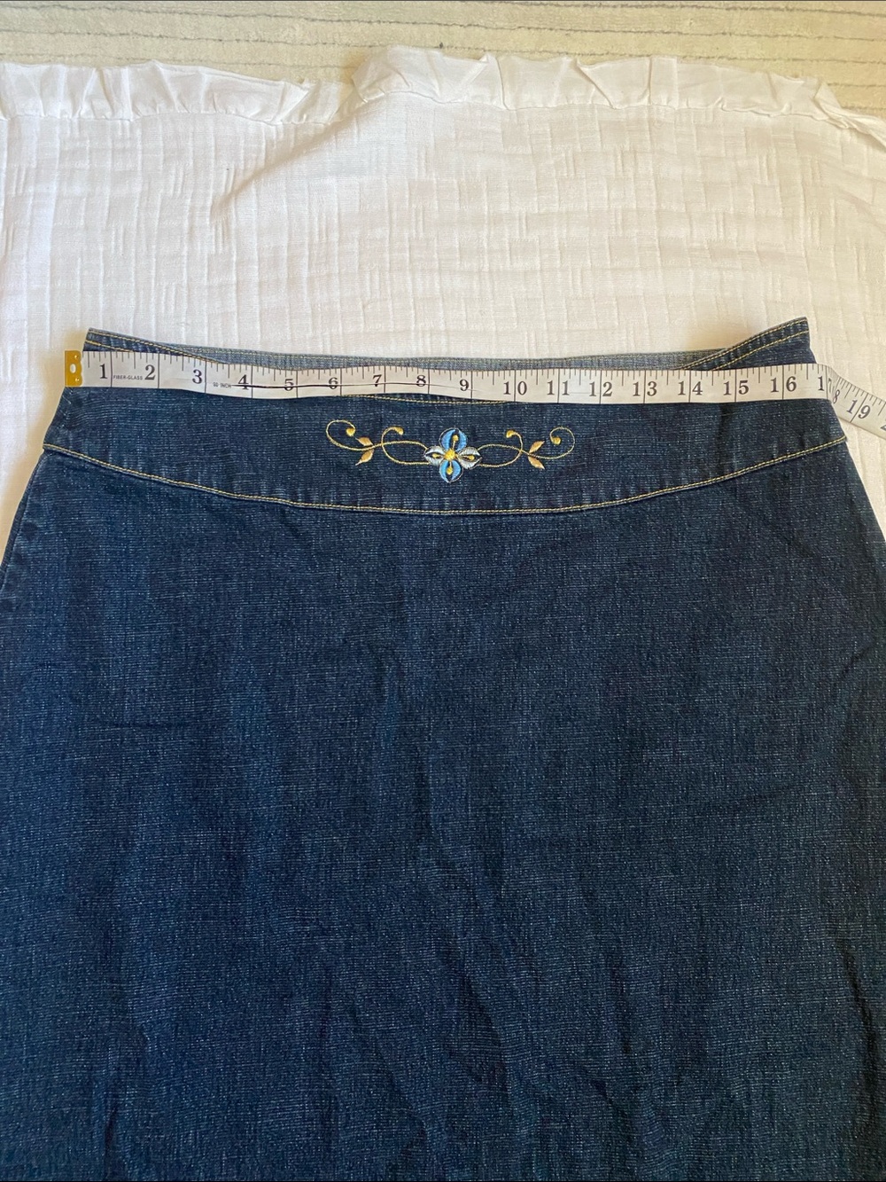 NC NEW CREATION 70% Cotton Embroidered Dark Blue Denim A-Line Skirt - Picture 5 of 8